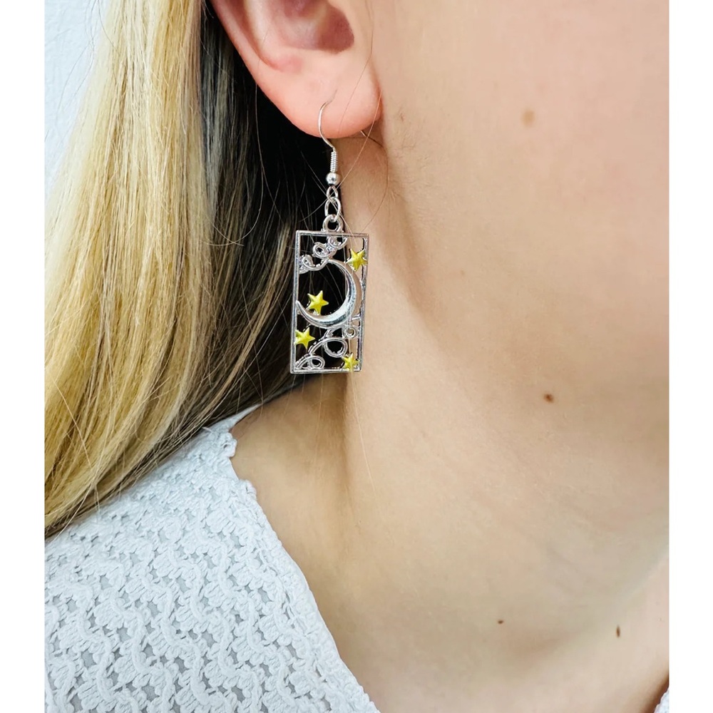 Silver and Gold Sun and Moon Earrings - Picture 7 of 12
